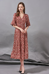 V Neck Short Sleeves Ruffles Printed Elegant Dress Mssaz Desses