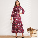 Sweet Long-sleeved Floral High-waisted Elastic Waist Long A-line Belted Romantic Dress Mssaz Desses