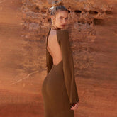 solid knitted open back flared long sleeve maxi dress Mssaz Desses