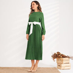 New Round Neck Polka Dot Waist Slimming Belt Long Pleated Lantern Sleeve Sweet and Versatile Dress Mssaz Desses