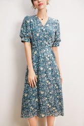 V Neck Short Sleeves Printed Buttons Lace Up Dress Mssaz Desses