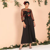 Ladies Embroidery Mesh Color Matching Waist Long-sleeved Arab Dress Banquet Dress Long Black Dress Mssaz Desses
