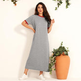 Grey Casual College Style Horizontal-Striped O-Neck Short Sleeve Loose Dresses Mssaz Desses