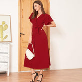 New Solid Color Waist Temperament Feminine Long Over-the-knee Suit Collar Short-sleeved Stretch Dress Mssaz Desses