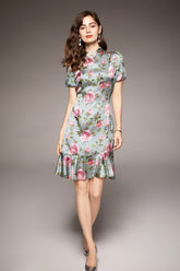 Vintage Stand Collar Short Sleeves Floral Printed Ruffles Elegant Dress Vestidos Mssaz Desses