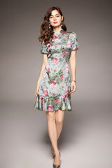 Vintage Stand Collar Short Sleeves Floral Printed Ruffles Elegant Dress Vestidos Mssaz Desses