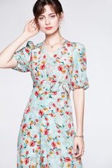 V Neck Short Sleeves Printed Sash Belt Dress Mssaz Desses