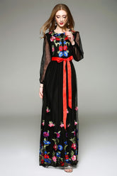 Long Lantern Sleeves Floral Embroidery Sash Belt Elegant Maxi Dress Mssaz Desses
