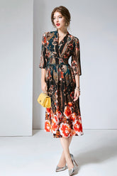 V Neck 3/4 Sleeves Printed Elastic Waist Elegant Dresses Mssaz Desses