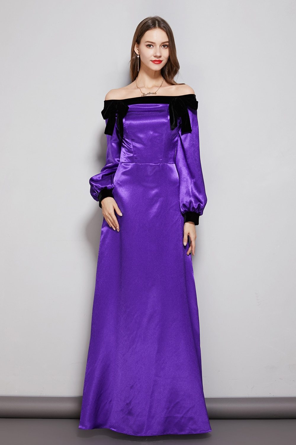 Party Prom Dresses Slash Neckline Long Sleeves Bow Detailing Elegant Maxi Designer Dresses Mssaz Desses