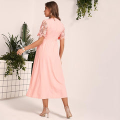 New Lace Dress Sweet Pink Guipure Lace Insert Hollow Out O Neck Fit Flare Midi Dresses Party Dress Summer Mssaz Desses