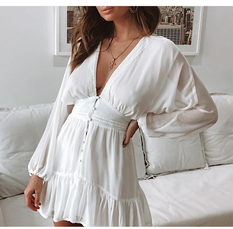 V Neck Spring Dress Lace Long Sleeve Mini Party Dress Mssaz Desses