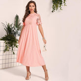 New Lace Dress Sweet Pink Guipure Lace Insert Hollow Out O Neck Fit Flare Midi Dresses Party Dress Summer Mssaz Desses