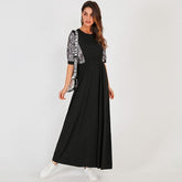 New Long Dress Black Casual Snake Print Stitching Elastic Waist O-neck Half Sleeve Maxi Dresses Robe Mssaz Desses