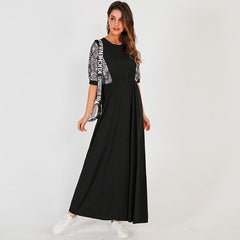 New Long Dress Black Casual Snake Print Stitching Elastic Waist O-neck Half Sleeve Maxi Dresses Robe Mssaz Desses