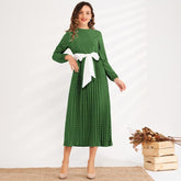New Round Neck Polka Dot Waist Slimming Belt Long Pleated Lantern Sleeve Sweet and Versatile Dress Mssaz Desses