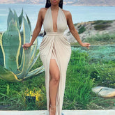 Halter Plunge Thigh Slit Maxi Dress Mssaz Desses