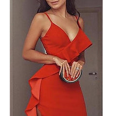 Halter Ruffles Hem High Slit Party Dress Spaghetti Strap V Neck Long Dress Elegant Formal Maxi Vestidos Mssaz Desses