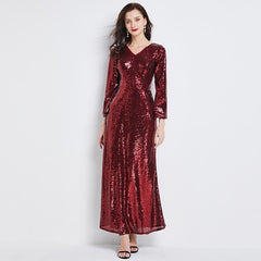 V Neck Long Sleeves Sequined Casual A Line Dress Mssaz Desses