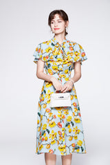 Lace Up Bow Collar Ruffles Printed Cape Sleeves Elegant Holiday Dress Mssaz Desses