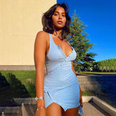 Split Button Sleeveless V Neck Bodycon Mini Dress Mssaz Desses