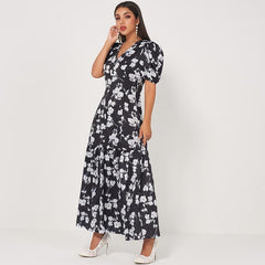 New Retro Long Waist Fishtail Slim-fit V-neck Lantern Sleeves Banquet Floral Sweet Dress Mssaz Desses