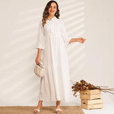 Ladies Solid Color High Waist Pleated Folds College Style Sweet Long Wild Woman Pure White Dress Mssaz Desses