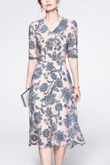 V Neck Short Sleeves Printed Ruched Dress Mssaz Desses