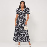 New Retro Long Waist Fishtail Slim-fit V-neck Lantern Sleeves Banquet Floral Sweet Dress Mssaz Desses