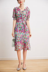 V Neck Short Sleeves Ruffles Sash Belt Printed Dress Mssaz Desses