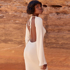 solid knitted open back flared long sleeve maxi dress Mssaz Desses