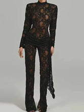 High Neck Long Sleeve Floral Lace Draped Folds Nightclub Wear Jumpsuit Mssza