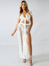 Hollow Out Maxi Dresses Short Sleeve Sashes Crop Top Long Slit Beach Dress Vestidos Mssza