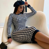 Houndstooth Print Long Sleeve Hollow Out Bodycon Streetwear Autumn Winter Club Elegant Slim Midi Dress Mssaz Desses
