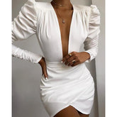 Irregular Solid White Long Sleeve Dress V Neck Puff Sleeve Party Dress Elegant Ladies Formal Workwear Vestidos Mujer Mssaz Desses