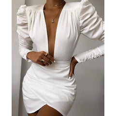 Irregular Solid White Long Sleeve Dress V Neck Puff Sleeve Party Dress Elegant Ladies Formal Workwear Vestidos Mujer Mssaz Desses