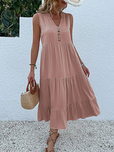 JIM & NORA Sleeveless Tank V Neck Buttons Ruffle Loose Beach Solid Sun Midi Dress Mssaz Desses