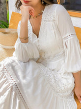 Cotton Patchwork Lace Dresses V-Neck Lantern Sleeve Maxi Dress Mssaz Desses