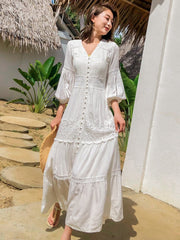 Cotton Patchwork Lace Dresses V-Neck Lantern Sleeve Maxi Dress Mssaz Desses