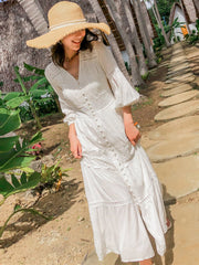 Cotton Patchwork Lace Dresses V-Neck Lantern Sleeve Maxi Dress Mssaz Desses