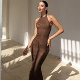 Knitted Hollow Out Sheer Backless Slim Beach Halter Neck Stylish Maxi Dress Mssaz Desses