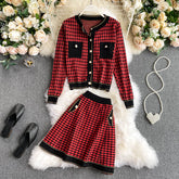 Knitted O Neck Long Sleeve Tops High Waist A-line Skirt Two Pieces Set Mssza