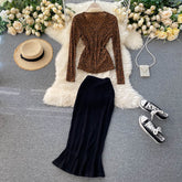 Korean Chic Leopard Tops High Waist Slim Long Skirt Two Pieces Set Mssza
