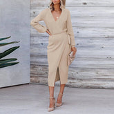 Korean Dongdaemun High Clothing Wrap V Neck Long Sleeve Sweater Tie Waist Bodycon Knit Elegant платье Midi Dress Mssaz Desses