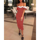 Lace Applique Off Shoulder Dots Print Dress Cold Shoulder Polka Dot Red Dress Slim Fit Casual Party Vestidos Mssaz Desses