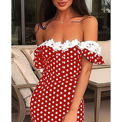 Lace Applique Off Shoulder Dots Print Dress Cold Shoulder Polka Dot Red Dress Slim Fit Casual Party Vestidos Mssaz Desses