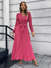 Pleated Full Sleeve V-neck High Waist Sashes Dress Mssaz Desses