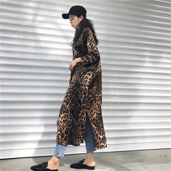 Leopard print shirt dress long sleeve causal loose split dress streetwear Button up korean dresses vestidso Mssaz Desses