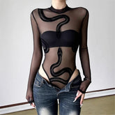Long Sleeve Bodysuit Round Neck Sheer Leotards Snake Bodysuit Top with Crotch Mssza
