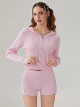 Elegant Solid Long Sleeve Hooded Zipped Sweater with Flower Shorts Mssza